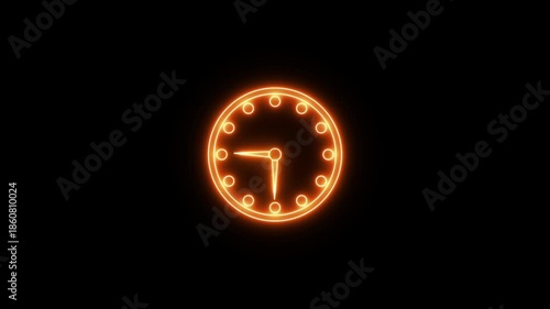 Neon Glowing Analog Clock Icon Animation on Black Background, Looping Time Indicator with Ticking Hands, Classic Round Dial, UI UX Interface, Modern Digital Motion Design