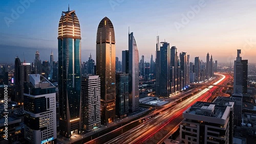 City skyline with tall buildings and traffic