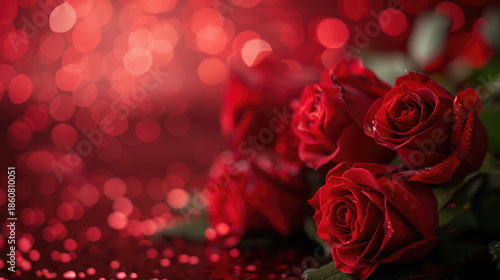 red roses, the symbol of love and romance with bokeh background for Valentine card wallpaper banner.