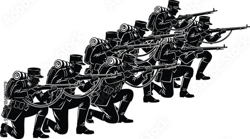 Military firing formation silhouette vector, coordinated rifle stance, black and white illustration, tactical discipline, combat strategy, infantry teamwork, defense artwork