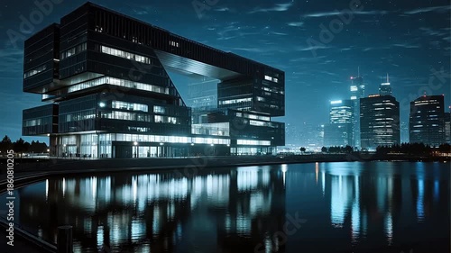 Modern building at night by water