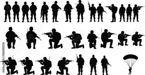 Military soldier silhouettes vector, combat poses, parachute descent, rifle aiming, black and white army illustration, tactical operations, defense-themed artwork