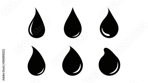 Collection of black water drop icons representing liquid elements and purity