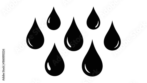Collection of black water drop icons symbolizing hydration and purity on white background