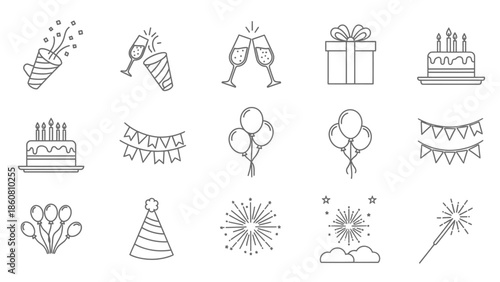 Collection of celebratory icons including cakes balloons gift boxes and confetti for parties