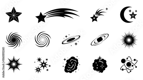 Collection of celestial and abstract graphic elements representing space and stars