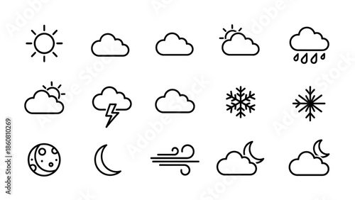 Collection of clean line art icons representing various weather conditions and celestial bodies