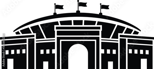 Modern stadium building silhouette flat vector illustration, sports arena exterior architecture with flags isolated black white design for event venue concept