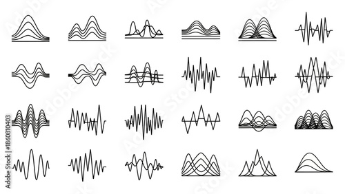 Collection of diverse waveform graphics and sound wave illustrations for audio visualization