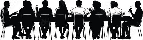 People dining together silhouette flat vector illustration, group conversation at table restaurant social gathering isolated black white design lifestyle concept