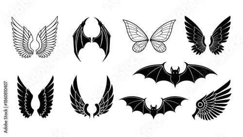 Collection of diverse wing silhouettes including angel, demon, butterfly and bat designs