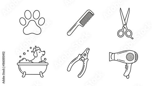Collection of dog grooming tools and icons for pet care services