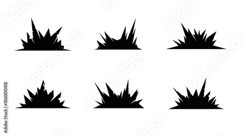 Collection of dynamic black grass bursts and explosions on a white background vector illustrations