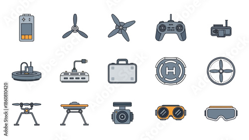 Collection of drone technology icons and accessories for modern aerial photography and videography