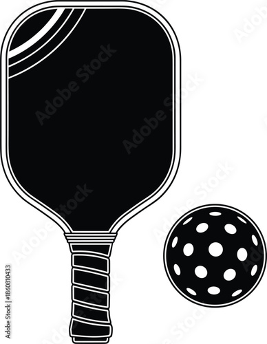 Pickleball paddle and ball silhouette vector illustration, modern racket sport equipment icon, black and white design, recreational game symbol, minimal sports graphic