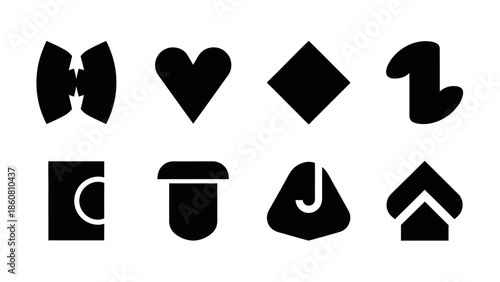 Collection of eight unique black icons representing various shapes and symbols on a white background