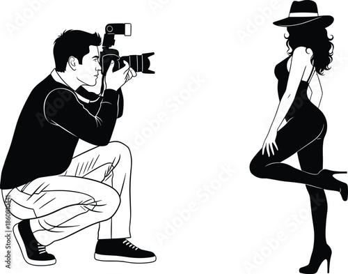 Photographer taking picture of stylish woman, fashion photoshoot concept, male photographer silhouette, female model pose, professional camera, isolated vector illustration