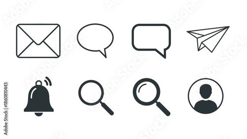 Collection of eight simple vector icons representing communication and search functions on a white