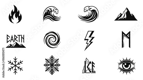 Collection of elemental symbols and icons representing fire water earth air ice lightning and occult