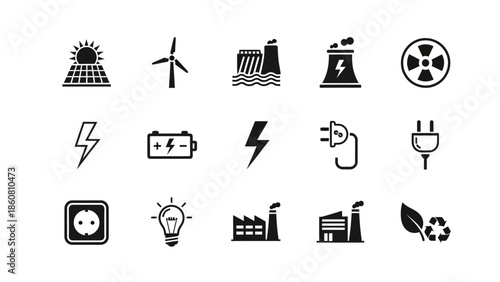 Collection of energy and power related icons showing renewable and traditional energy sources
