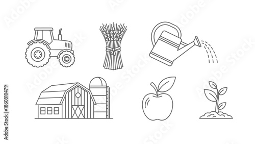 Collection of farm and agriculture related line art icons for design and illustration