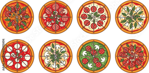 Pizza variety vector illustration, sliced pizza icons, topping combination graphic, food design set, Italian cuisine concept, black and white style