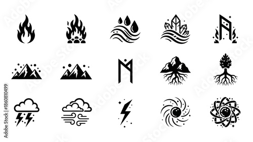 Collection of fifteen black and white elemental and nature-themed icons for design and branding