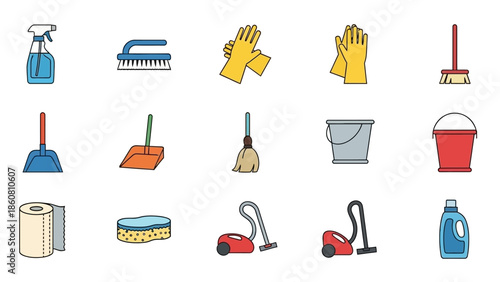 Collection of illustrated cleaning tools and supplies for household chores