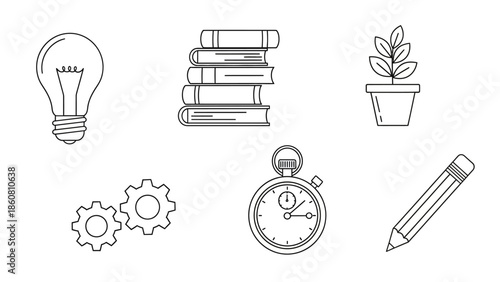 Collection of line art icons representing education business and growth concepts