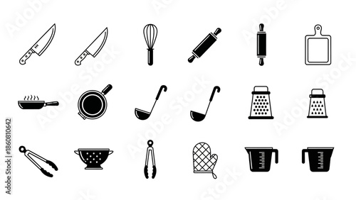 Collection of Kitchen Utensils Icons Set Vector Graphic Cooking Tools