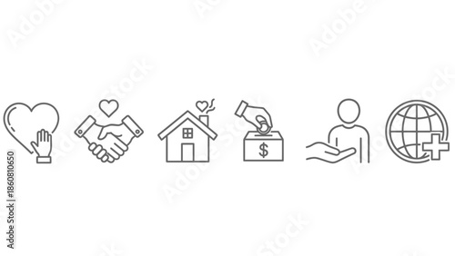 Collection of linear icons representing concepts of charity and goodwill