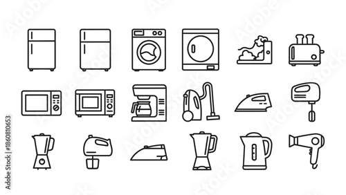 Collection of line art icons representing various household appliances and kitchen gadgets