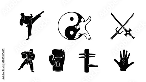 Collection of Martial Arts and Combat Sports Icons and Silhouettes