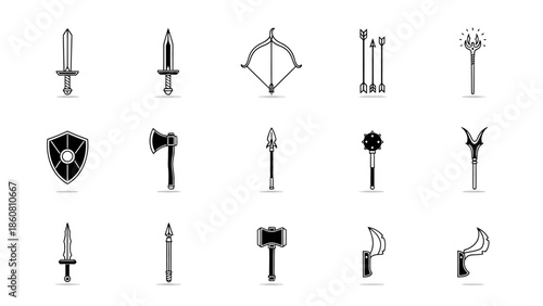 Collection of medieval weapon and armor icons featuring swords axes and shields