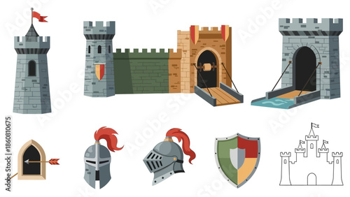 Collection of Medieval Castle Elements and Knightly Gear for Design