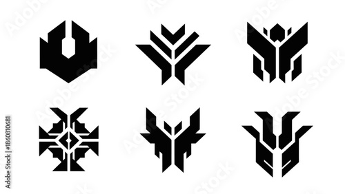 Collection of modern abstract geometric logos inspired by futuristic tribal symbols and crests