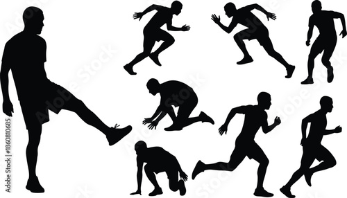 Running and athletic silhouettes, dynamic motion, black figures, white background, sports activity, fitness training, vector illustration, sprint poses, physical movement, action concept