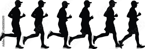 Running man silhouette sequence, jogging motion stages, male athlete fitness activity, side view action poses, isolated black figures, flat vector illustration