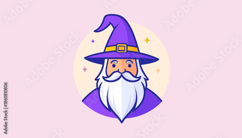 Cartoon Wizard Portrait with Pointed Hat and White Beard.