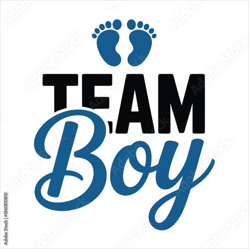 Team Boy gender reveal message with cute blue baby footprints on a clean white surface