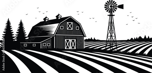 Rural farm barn landscape vector illustration with windmill, cultivated fields, countryside scenery, vintage black and white agricultural design, silhouette style farmland art