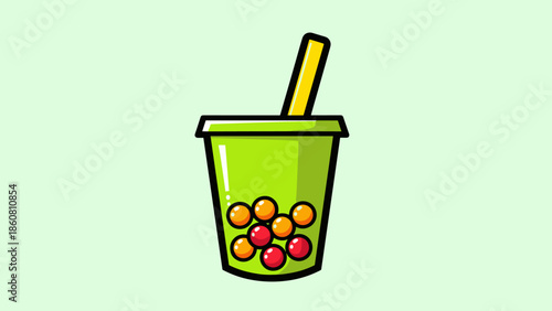 Cartoon Boba Tea Illustration with Straw and Colorful Pearls.