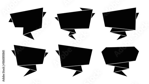 Collection of six black origami style speech bubbles with sharp folded edges and pointed tails on