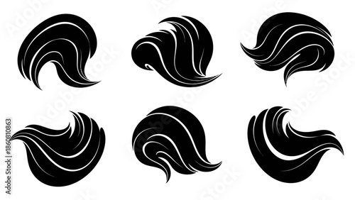 collection of six black hair wave logos isolated on a white background