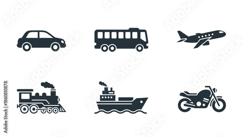 Collection of six different vehicle icons representing various modes of transport