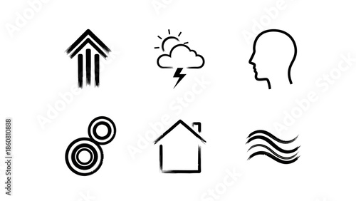 collection of six simple brush stroke icons representing life elements and concepts in black and