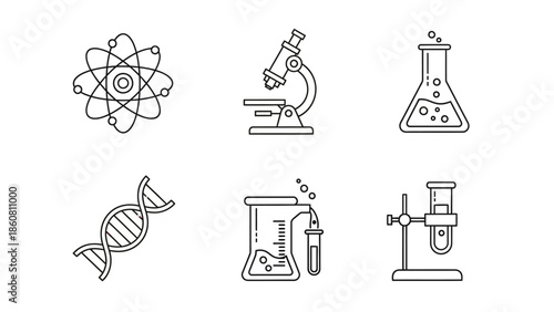 Collection of stylized scientific icons representing atomic structure dna microscope and