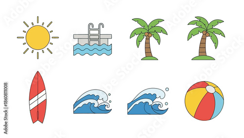 Collection of Summer Vacation Icons Including Sun Palm Trees Beach Ball and Waves