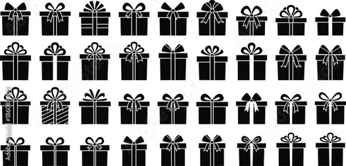 Set of black silhouette gift boxes icons with decorative ribbons, present collection for Christmas, New Year, birthday, and special occasion celebrations vector illustration