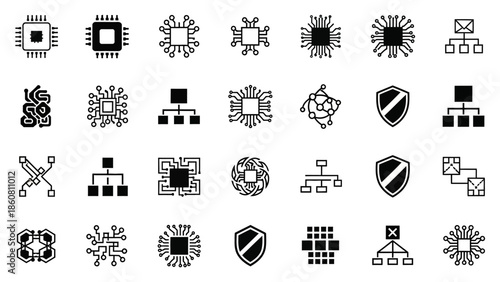 Collection of Technology and Data Icons Featuring Circuits and Network Structures